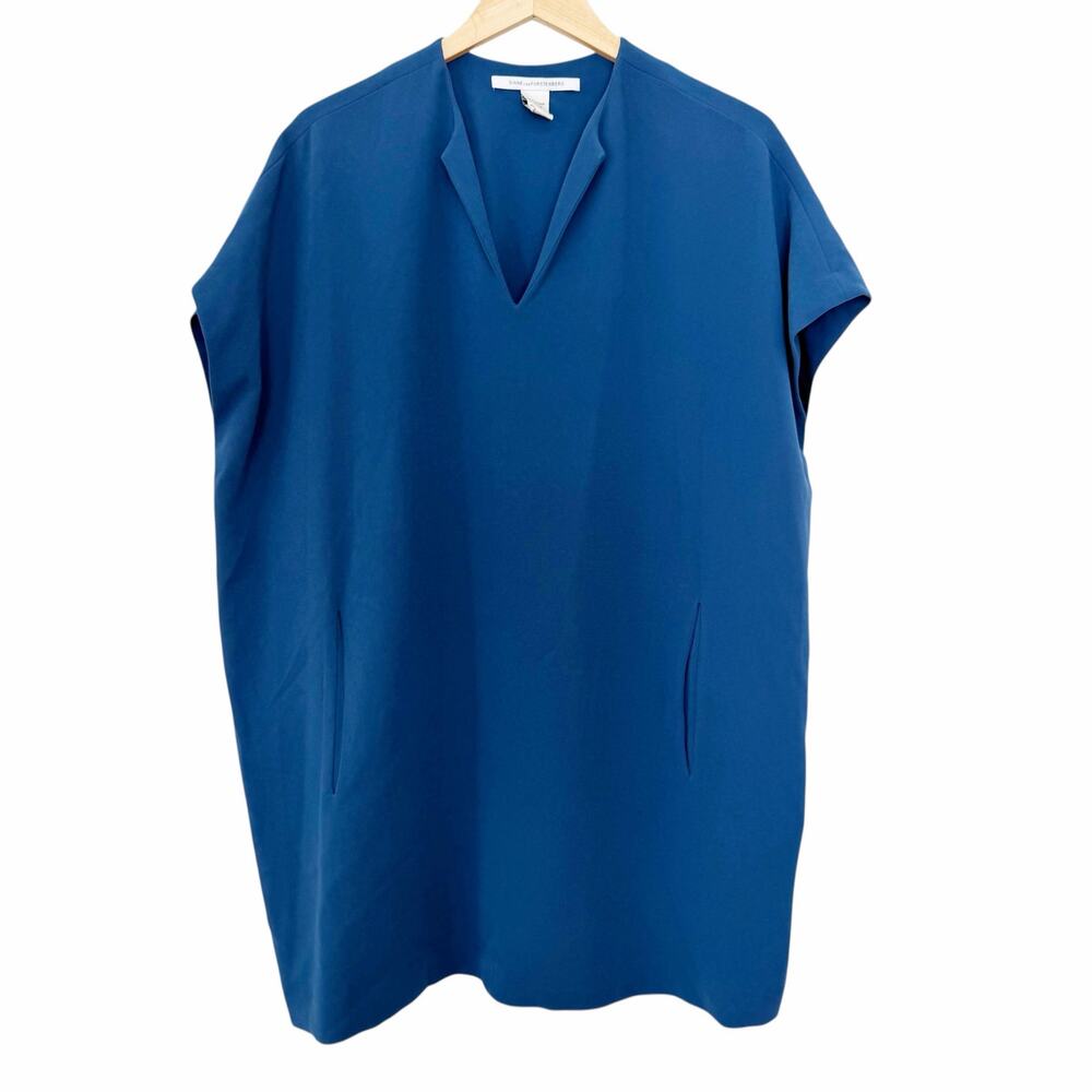 Diane Von Furstenberg Blue Kora Short Sleeve Tunic Crepe Dress Sz S